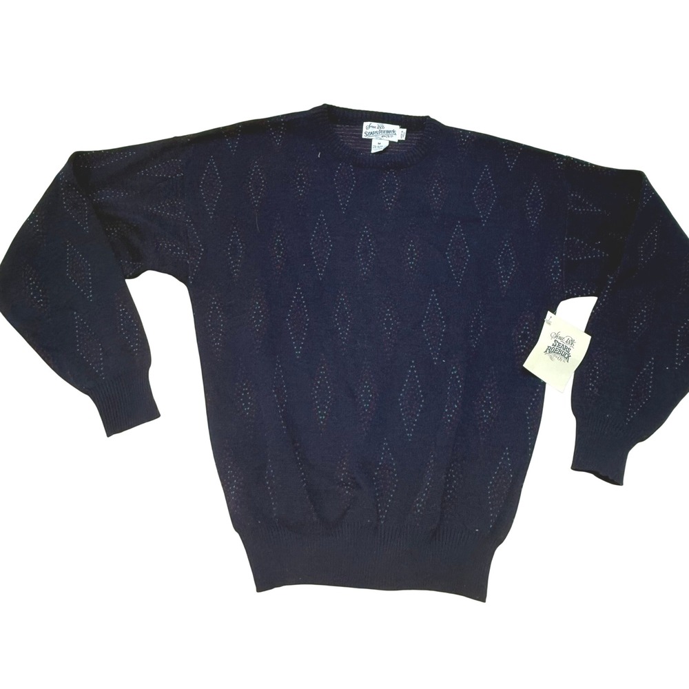 Vintage 80s Sears Roebuck Sweater NWT Deadstock Navy Diamond Knit Italy M